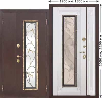 Входная металлическая нестандартная дверь со стеклопакетом Плющ 1200х2050, 1300х2050 Белый ясень